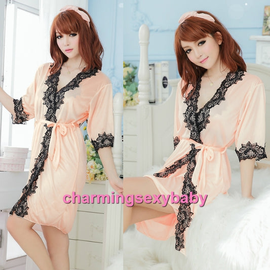 Sexy Lingerie Light Orange Satin Robes Sleepwear Nightwear Pajamas MM7055