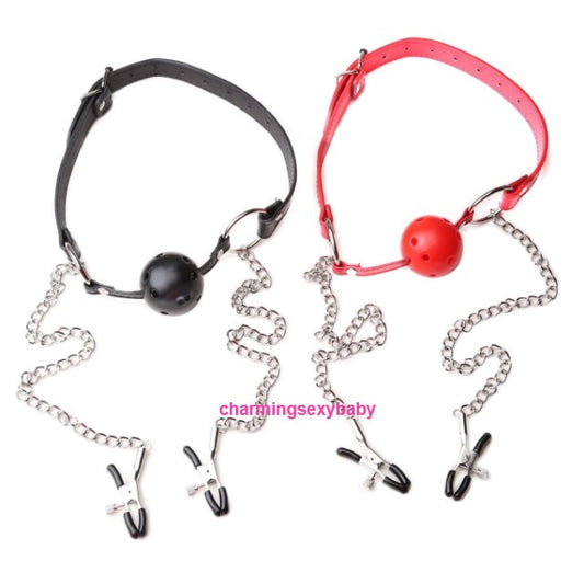 Mouth Ball Gag + Breast Nipple Adjustable Clamp BDSM Bondage Restraints Sex Toys Couple Adult Games (2 Colors) CAM-3
