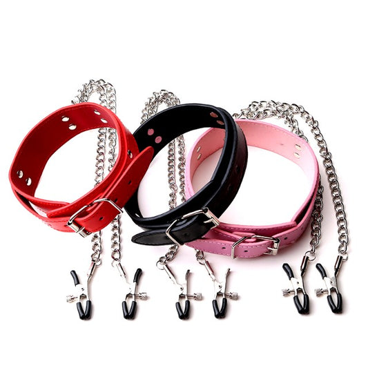 PU Leather Collar Neck + Breast Nipple Adjustable Clamp Chain Clips BDSM Bondage Sex Toys Couple Adult Games CAN-3