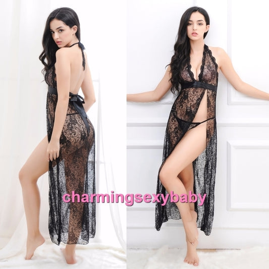 Sexy Lingerie Black Lace Side Slit Long Babydoll Dress + G-String Sleepwear MM605