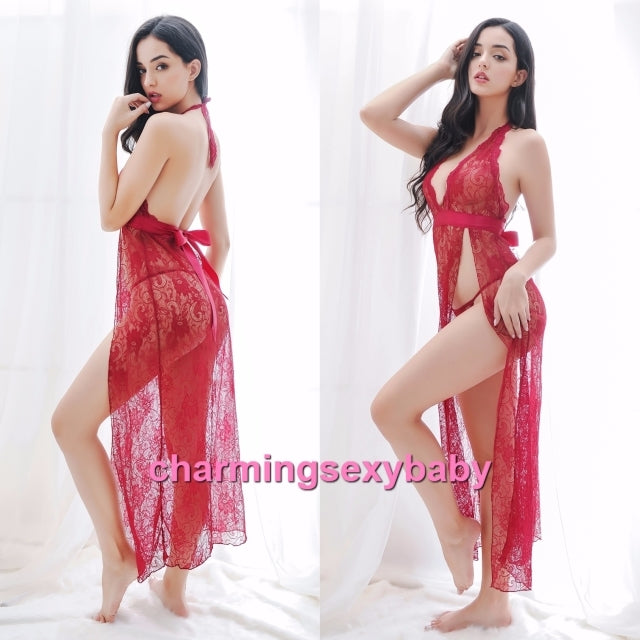 Sexy Lingerie Burgundy Lace Side Slit Long Babydoll Dress + G-String Sleepwear MM605