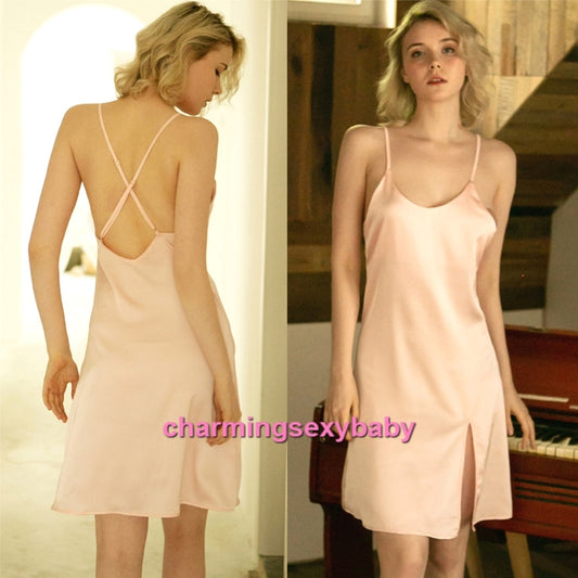 Sexy Lingerie Pink Satin Dress + G-String Women Sleepwear Nightwear BH1125