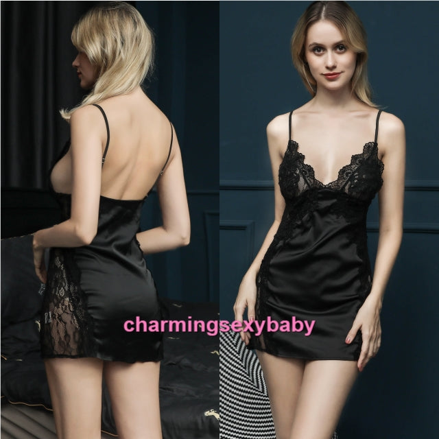 Sexy Lingerie Black Satin Lace Low-Cut Babydoll Dress + G-String Sleepwear BH1137