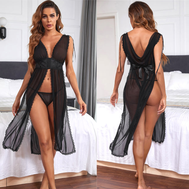 Sexy Lingerie Black Deep V See-Through Long Dress + G-String Sleepwear BH7255