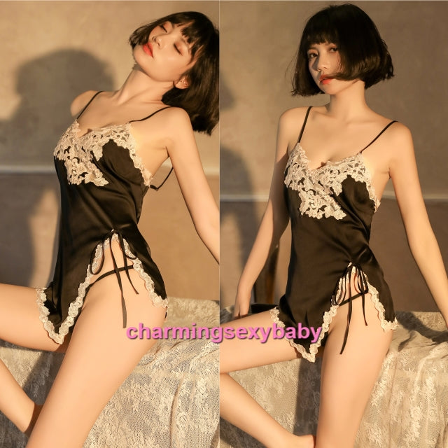 Sexy Lingerie Black Satin Low-Cut Babydoll Dress + G-String Sleepwear Pajamas BH7464