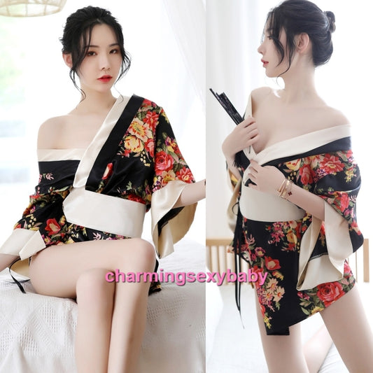 Pakaian Dalam Seksi Hitam+ Jubah Kimono Jepun Berwarna-warni + Pakaian Tidur Kostum G-String MH7056
