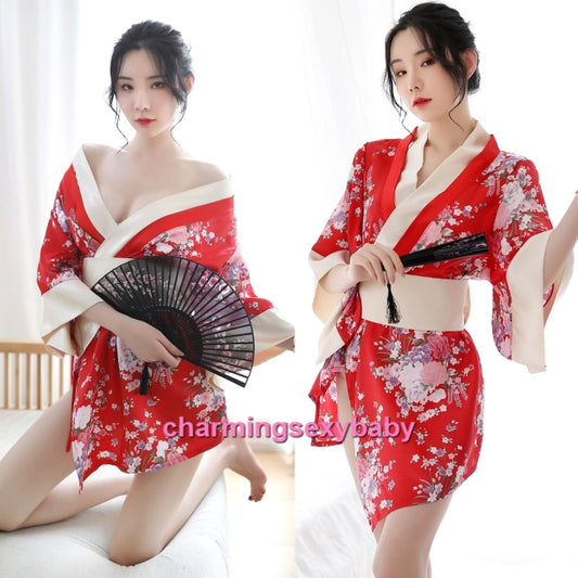 Sexy Lingerie Red Japanese Kimono Robes + G-String Costume Cosplay Sleepwear MH7056