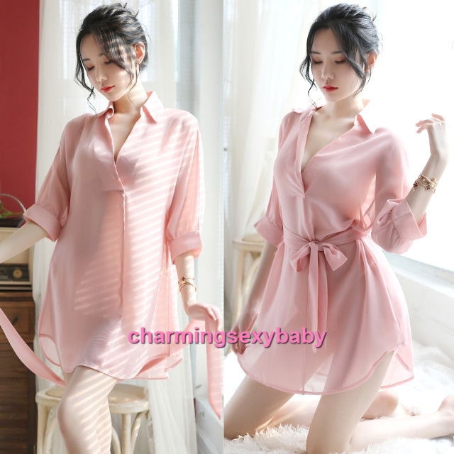 Sexy Lingerie Lotus Root Starch Color Chiffon See-Through Dress + G-String Sleepwear MH7060