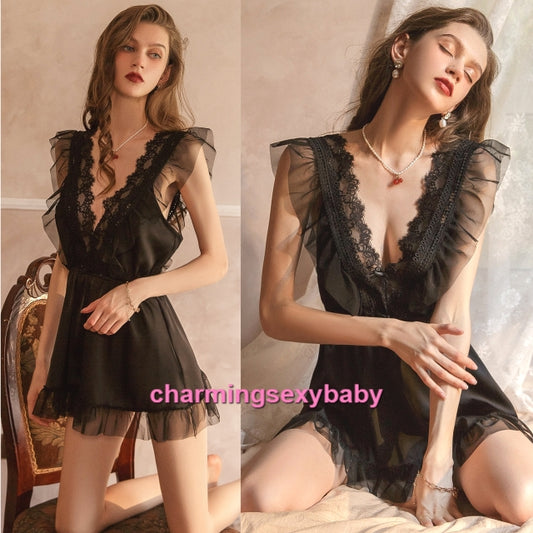 Sexy Lingerie Black Deep V Babydoll Dress + G-String Sleepwear Pajamas MH7165