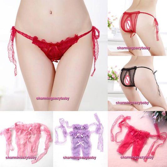 Seluar Dalam Wanita Seksi Lace Sisi Tali Tie Thong Open Crotch Panties Lingerie (6 Warna) LYD142